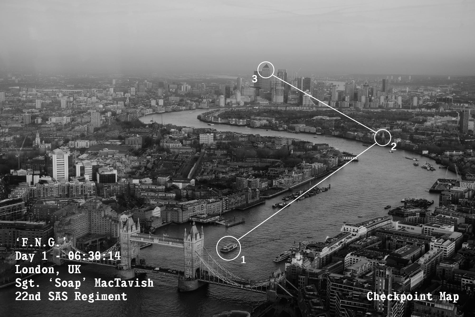 Black white London aerial map with checkpoint route overlay
