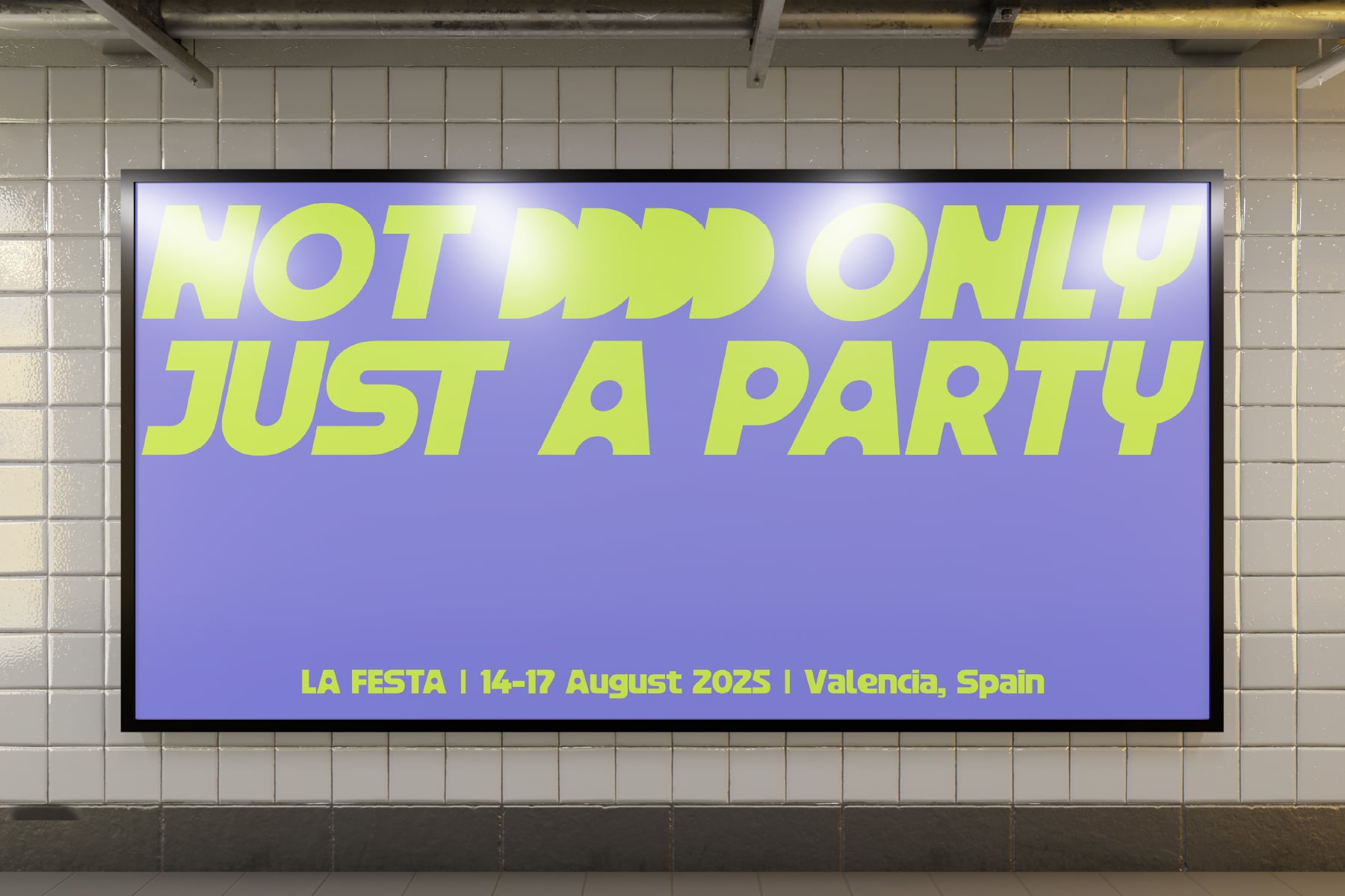 Subway billboard showing La Festa event announcement in neon yellow lettering on purple