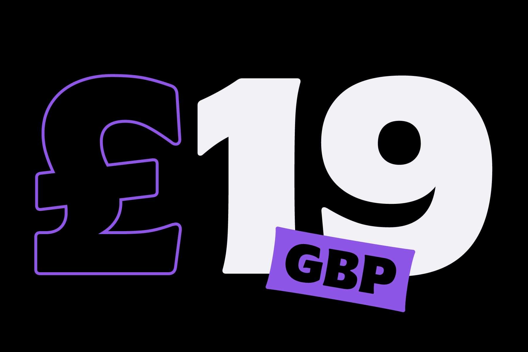 Pound symbol in purple outline next to 19 in white with GBP label on purple sticker