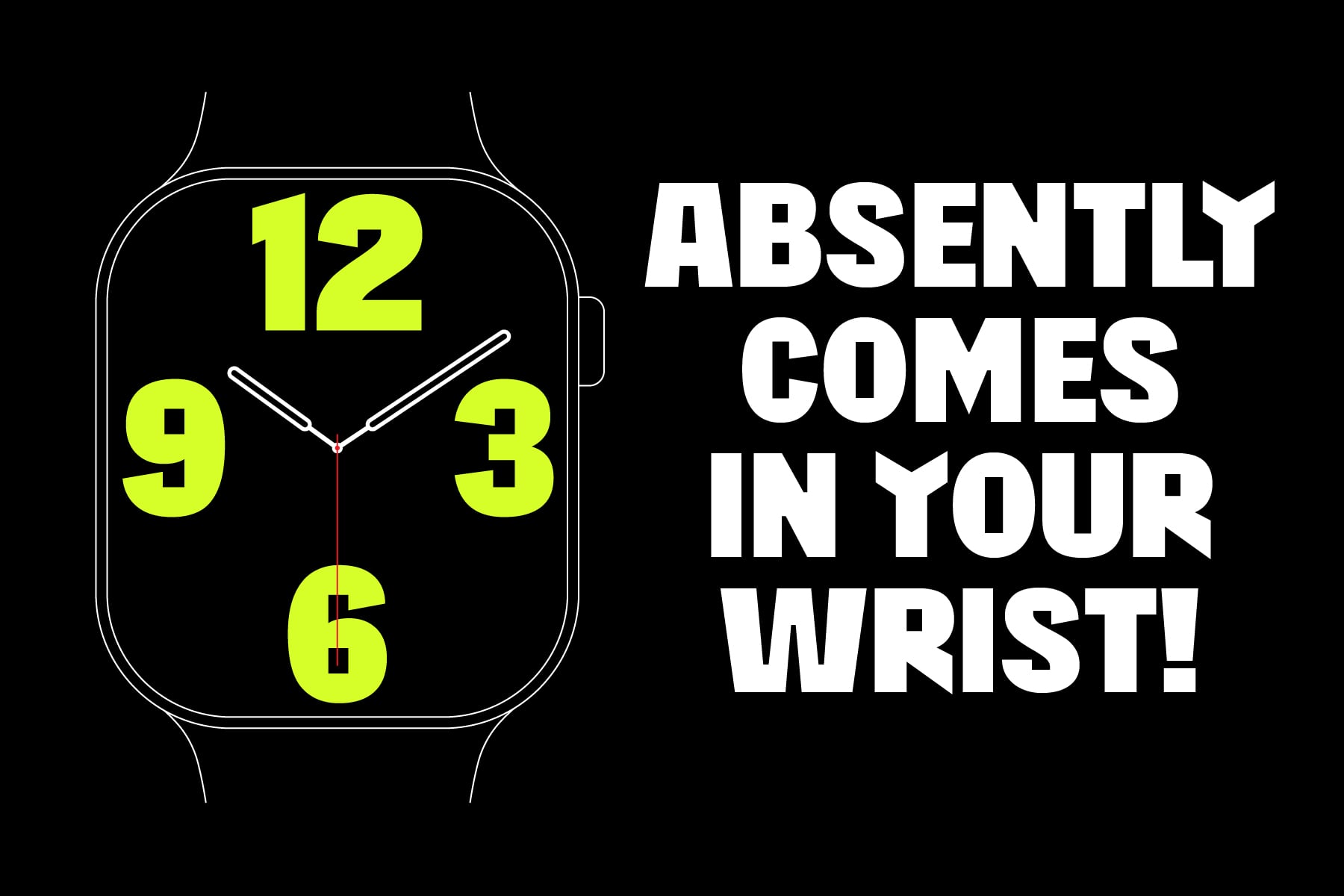 Smart watch outline with neon yellow numbers on black background next to white bold sans serif text
