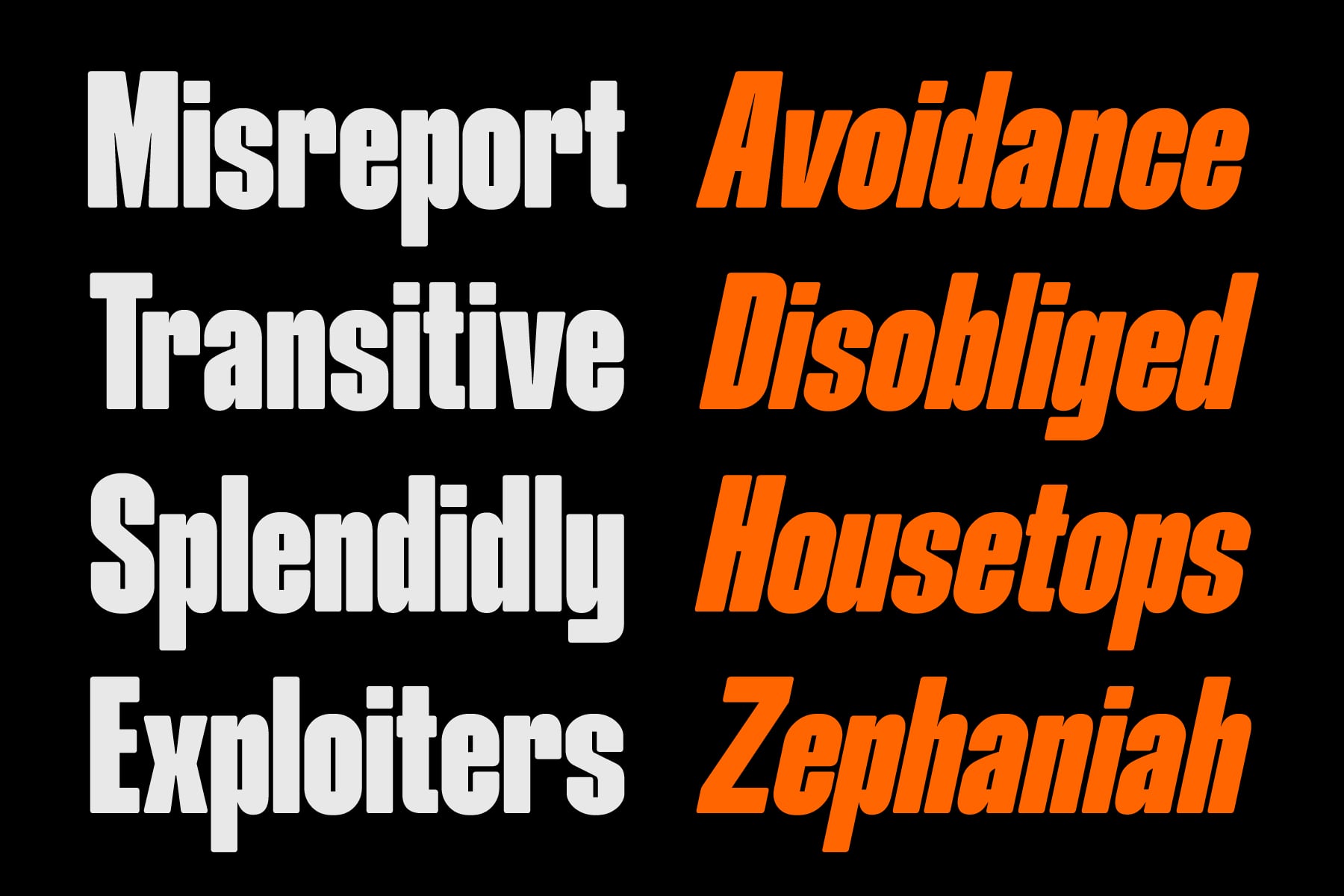 Bold typography displaying font names in white and orange on black