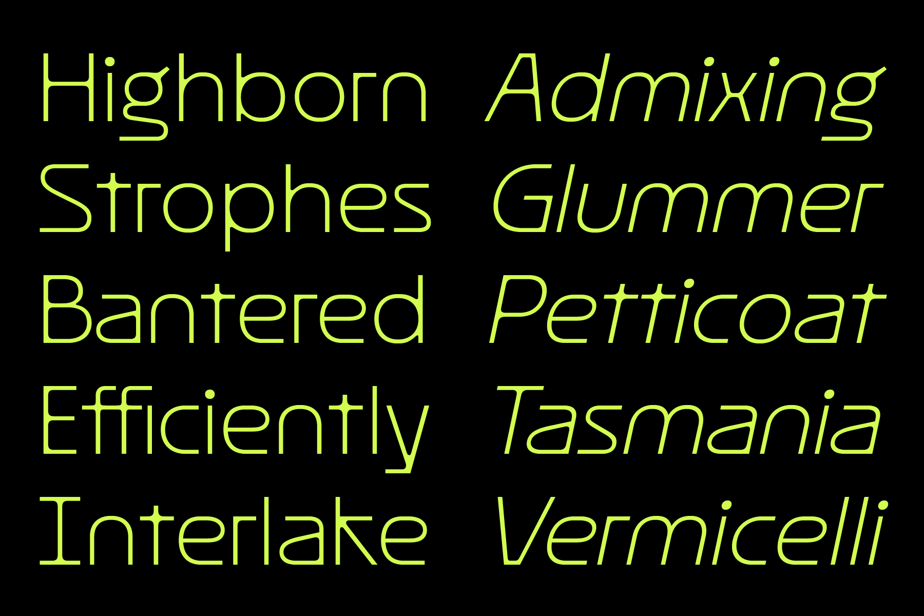 Neon yellow font specimen on black background showing various typeface styles with accented characters