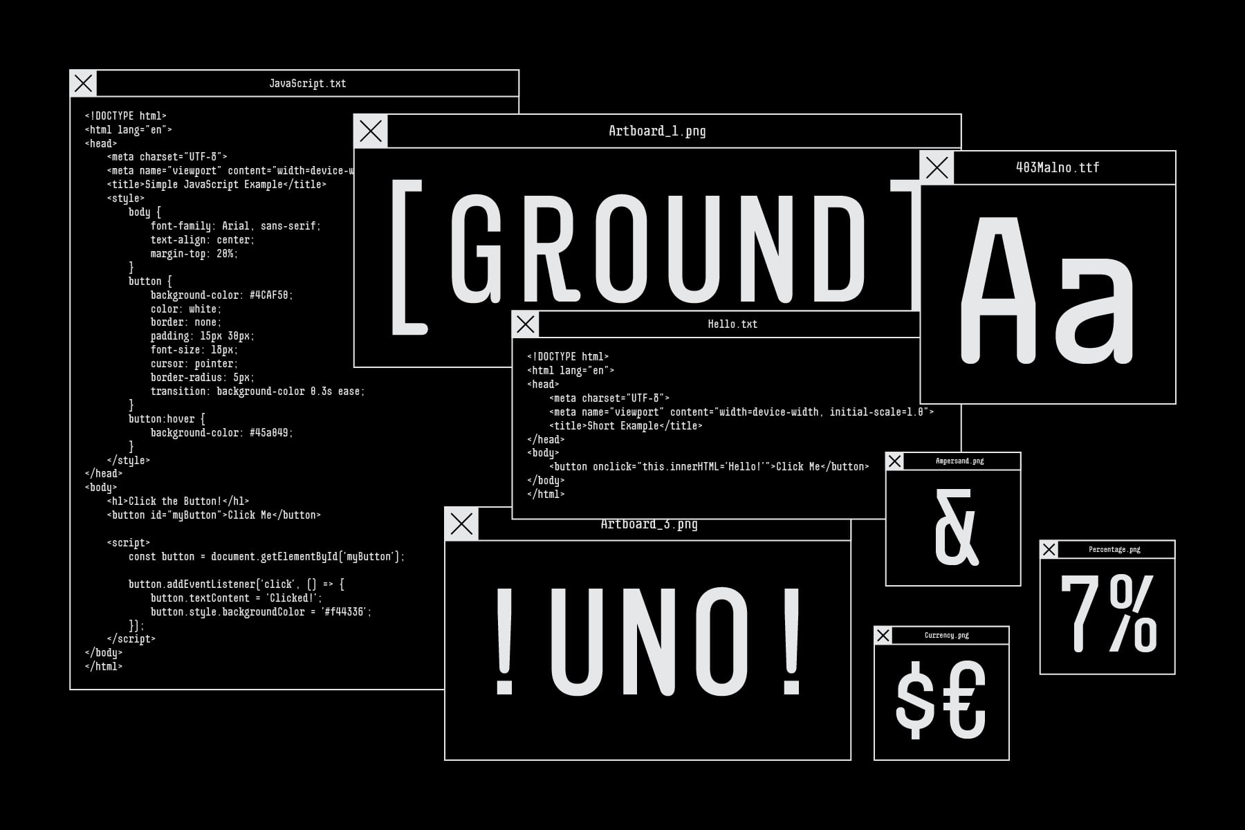 Overlapping windows showing HTML code, font samples, artboards with GROUND UNO text layout