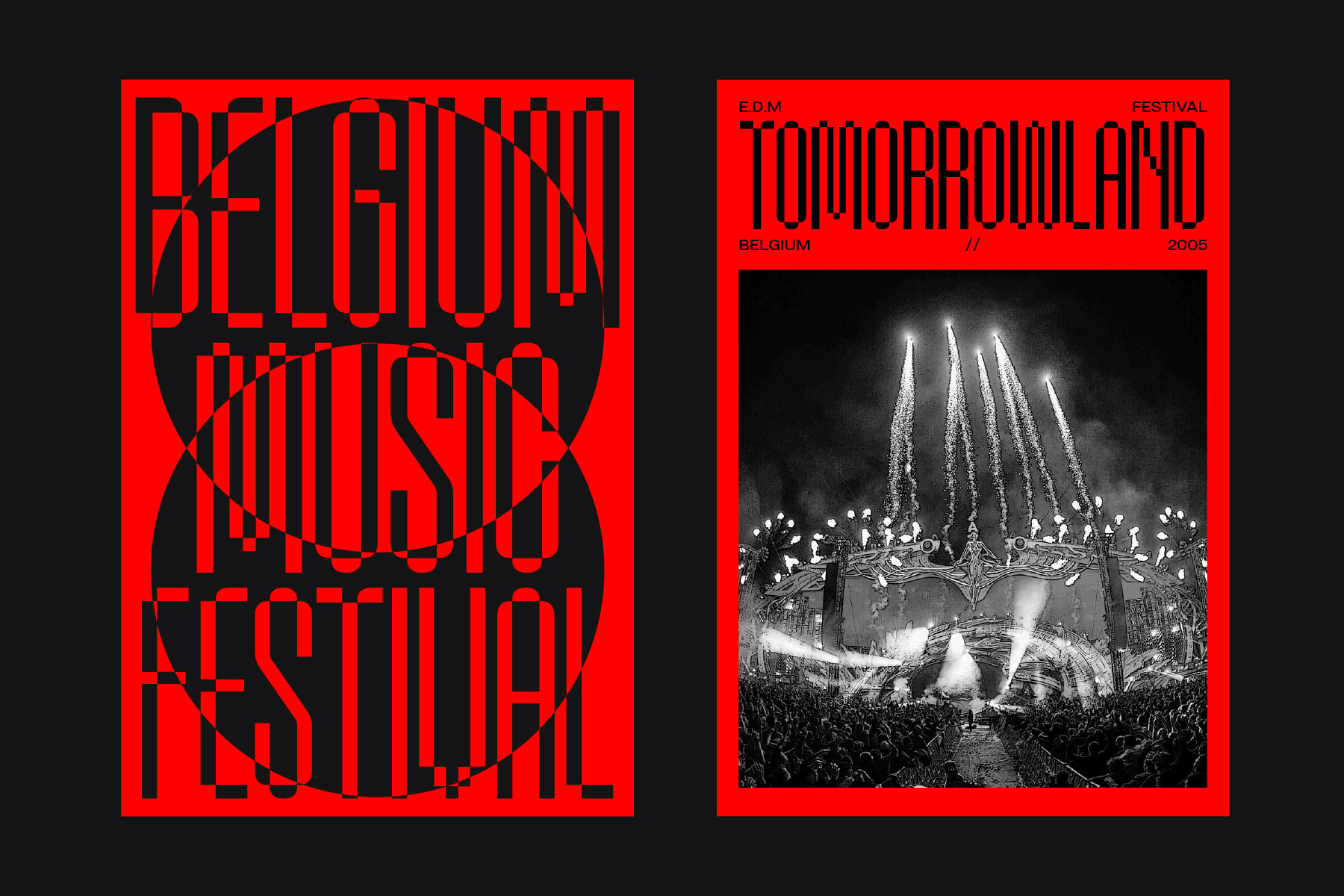 Two bold red festival posters, one with geometric text, one with crowd photo