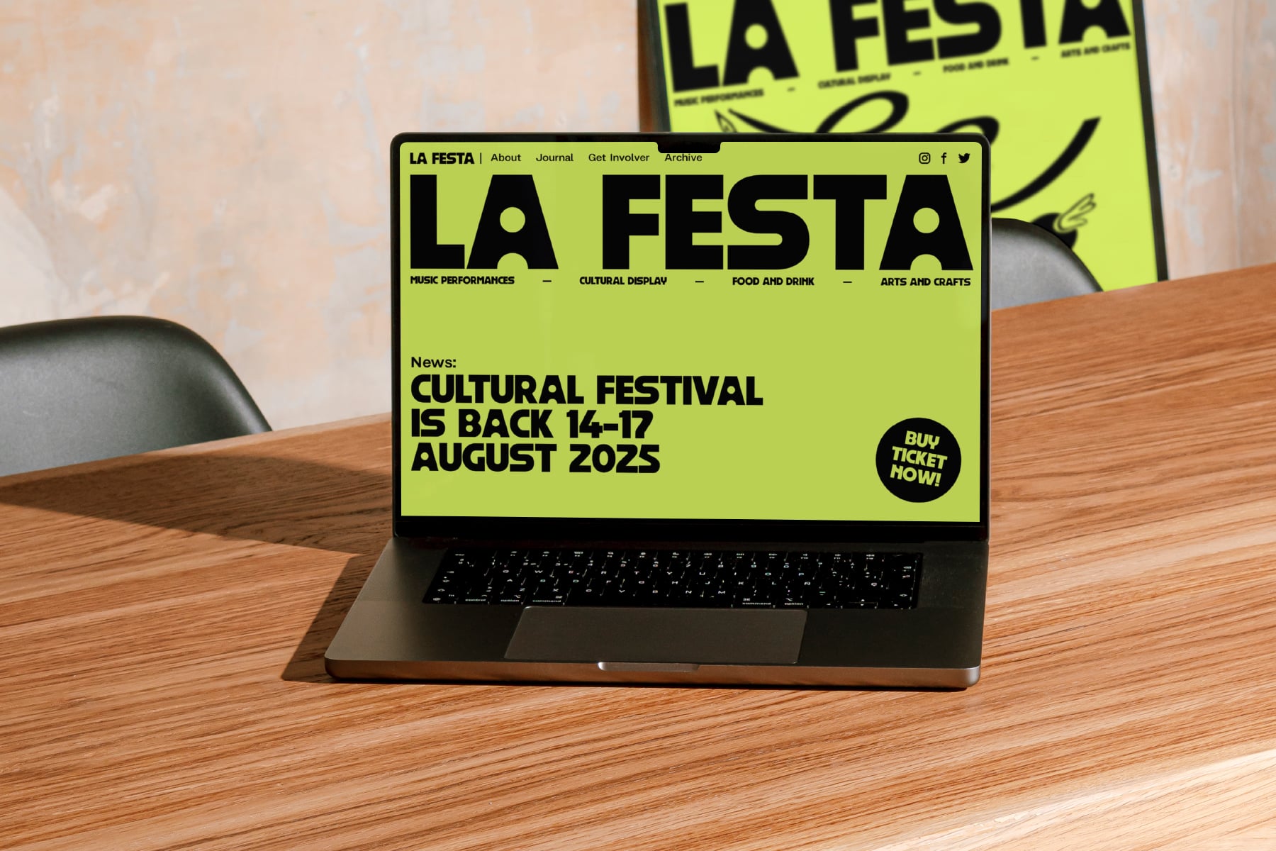 Laptop screen displaying La Festa website with lime green background on wooden desk