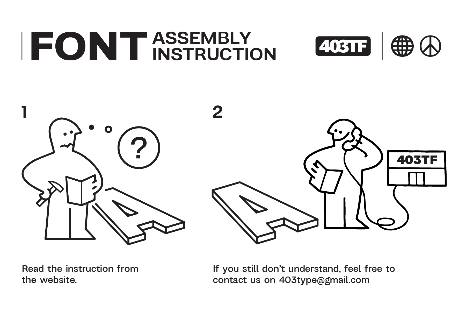 403TF font assembly instruction sheet with cartoon characters demonstrating setup steps