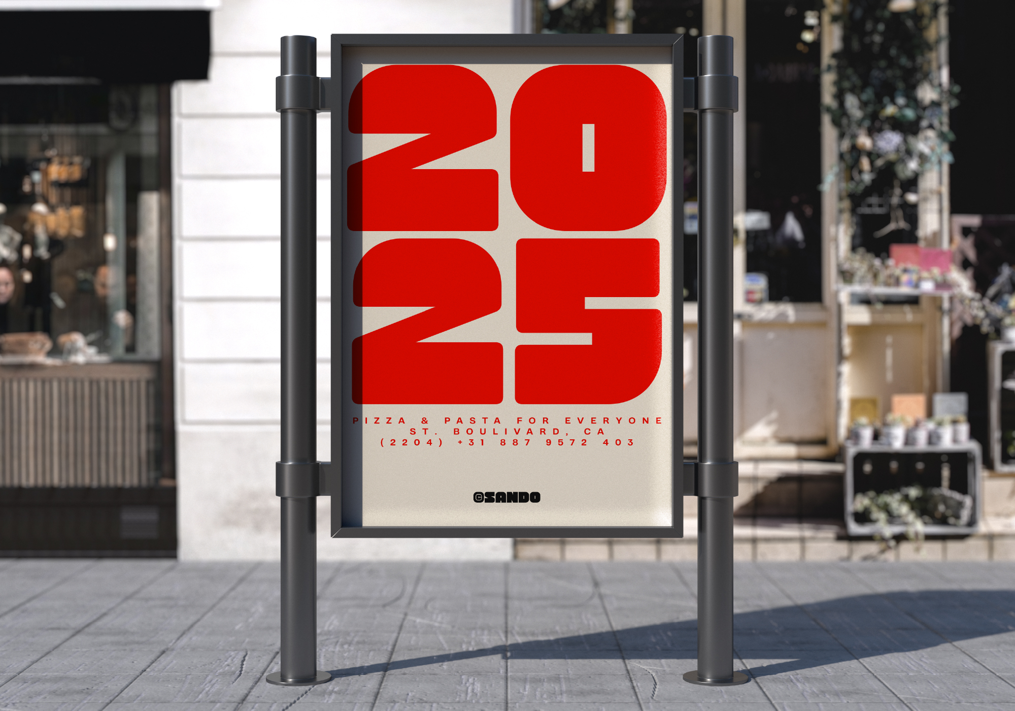 Street pole sign displaying 2025 in bold red numbers with restaurant details