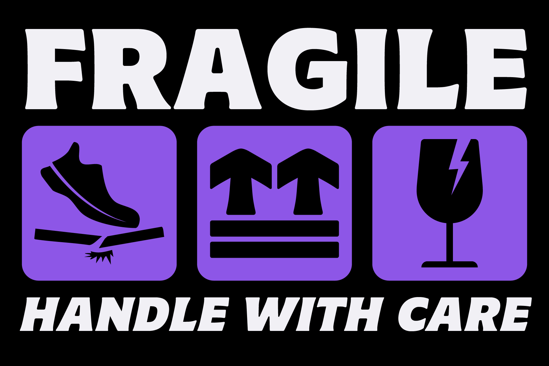 Fragile shipping label with three icons showing broken shoe, clothing, light bulb on purple squares