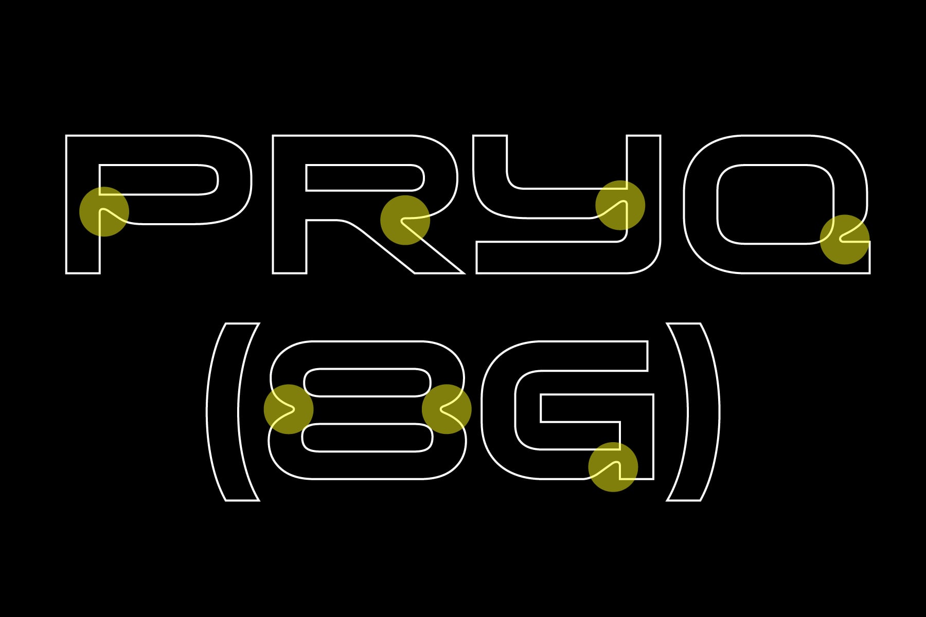 Outlined geometric font design labeled PRE9A with yellow circular accents
