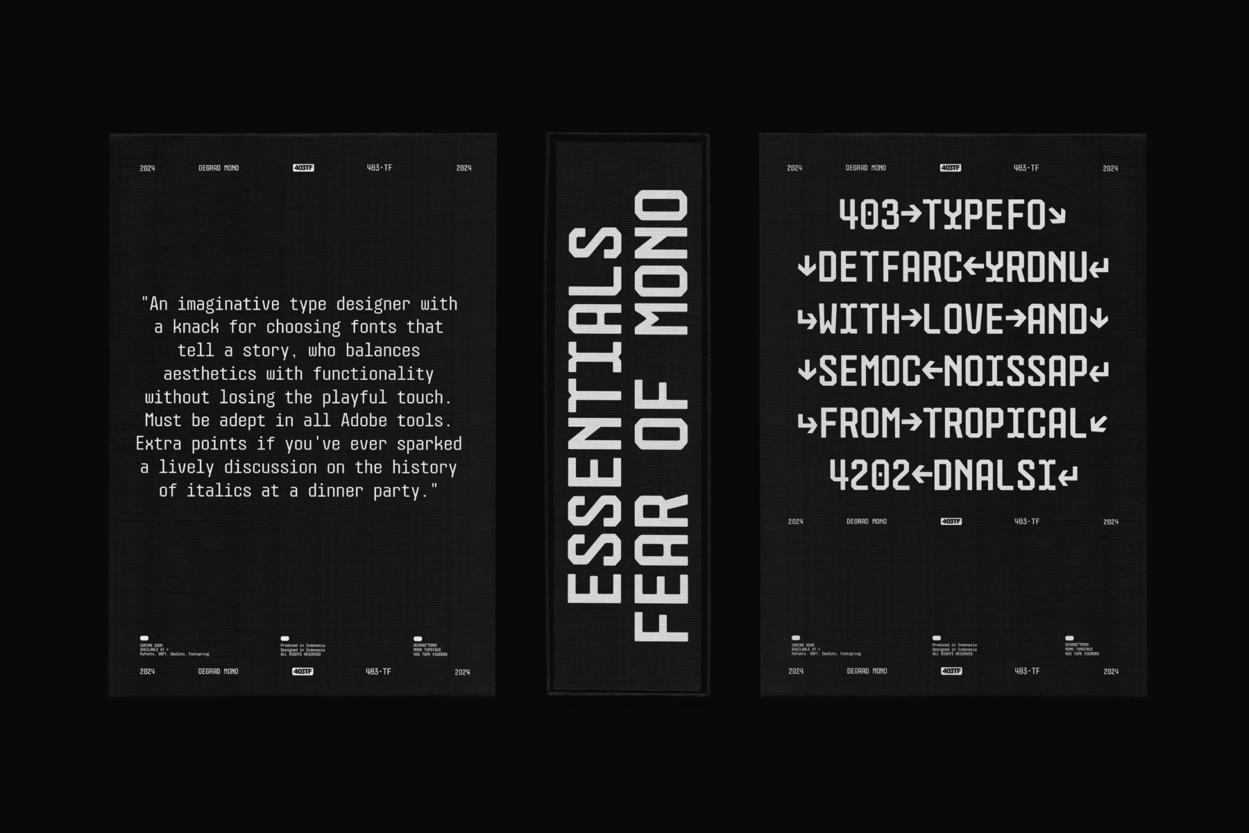 Dark posters showing typeface samples with bold text layout