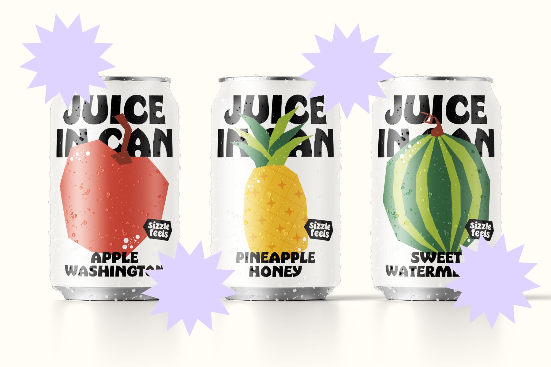 Three juice cans lined up showing apple washington, pineapple honey, sweet watermelon flavors with purple starbursts