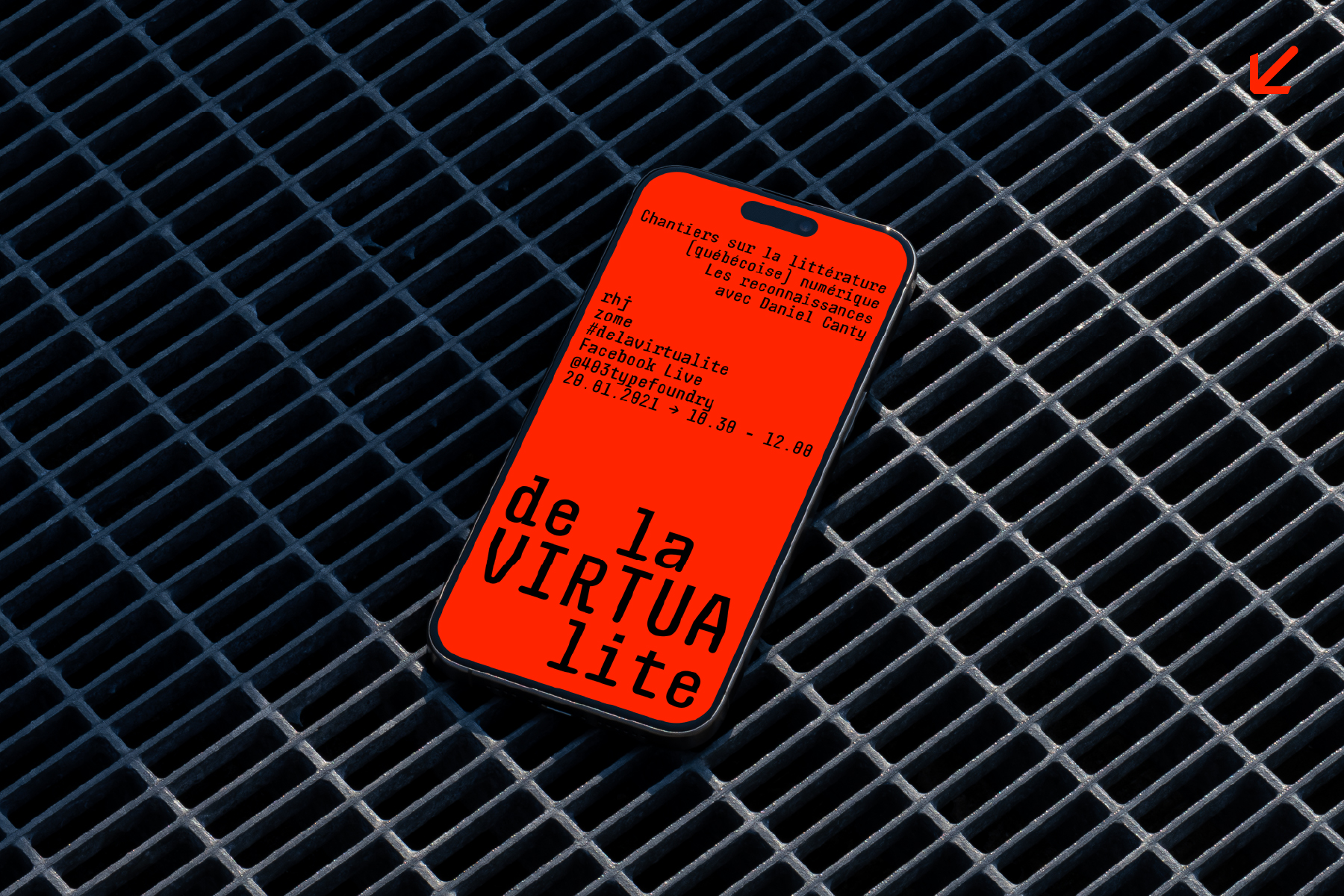 Bright red phone on blue grid texture displaying de la VIRTUA lite event poster text