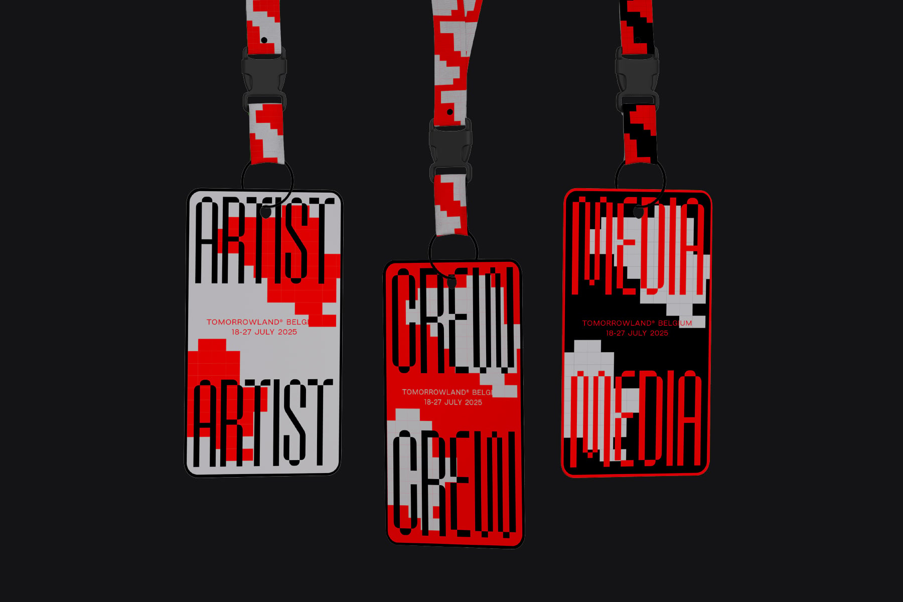 Three festival lanyards with pixelated red patterns, event badges for Tomorrowland