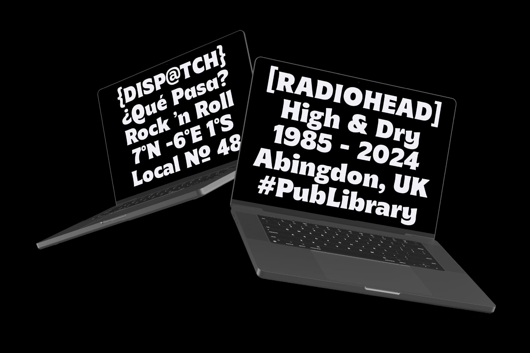 Two laptop screens displaying text about music bands with hashtag on dark background