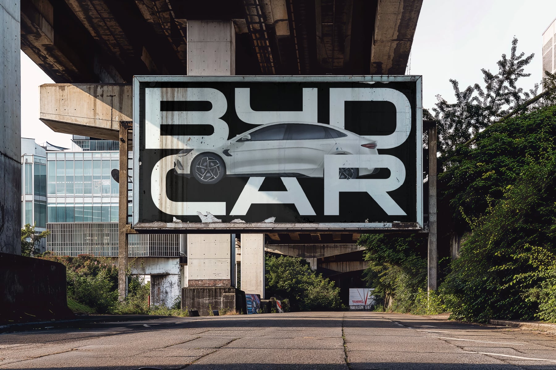 Weathered outdoor billboard with silver car inside BUD CAR large text letters
