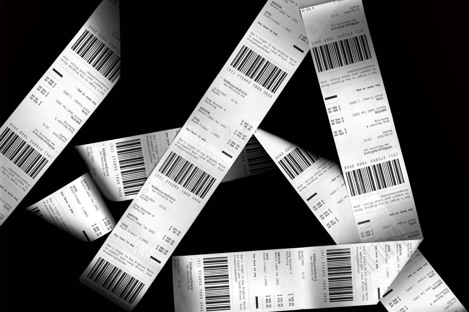 Scattered shipping labels with barcodes on black background
