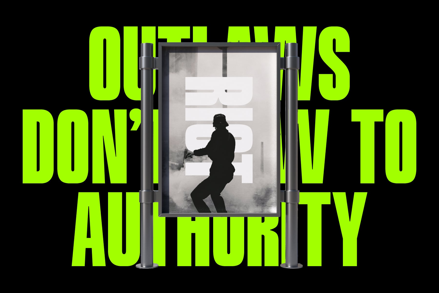 Neon yellow text overlaid on silhouette figure inside metal barrier structure