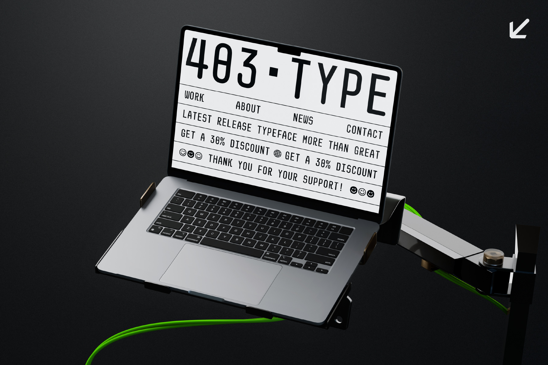 Laptop screen showing 403 TYPE website with navigation menu, discount offer, smiley faces