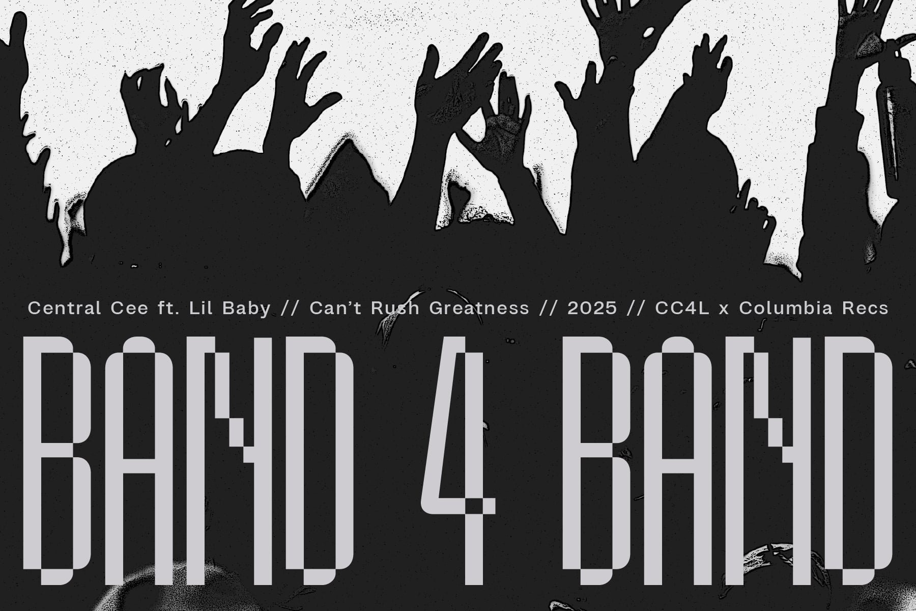 Music poster with raised hands silhouettes, bold typography, high contrast black