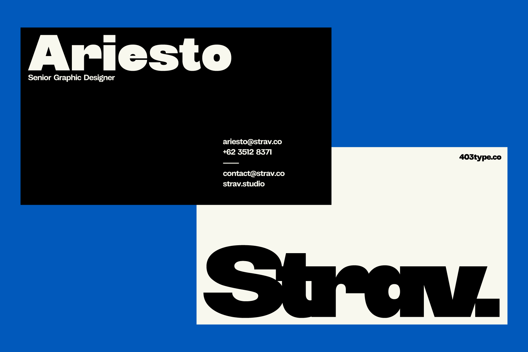 Business card layout featuring Ariesto name with Strav branding on blue color block