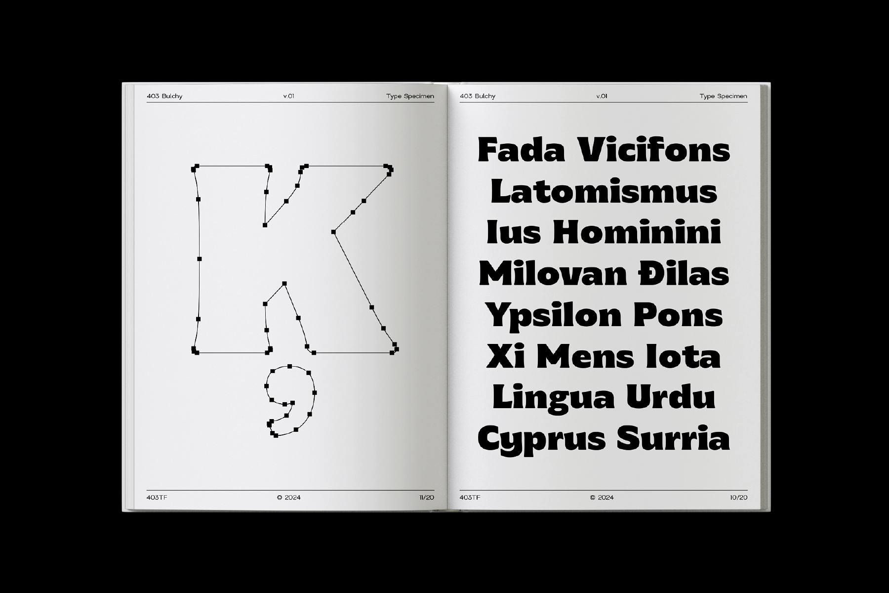 Spread from 403 Bulchy type specimen showing construction details with language samples
