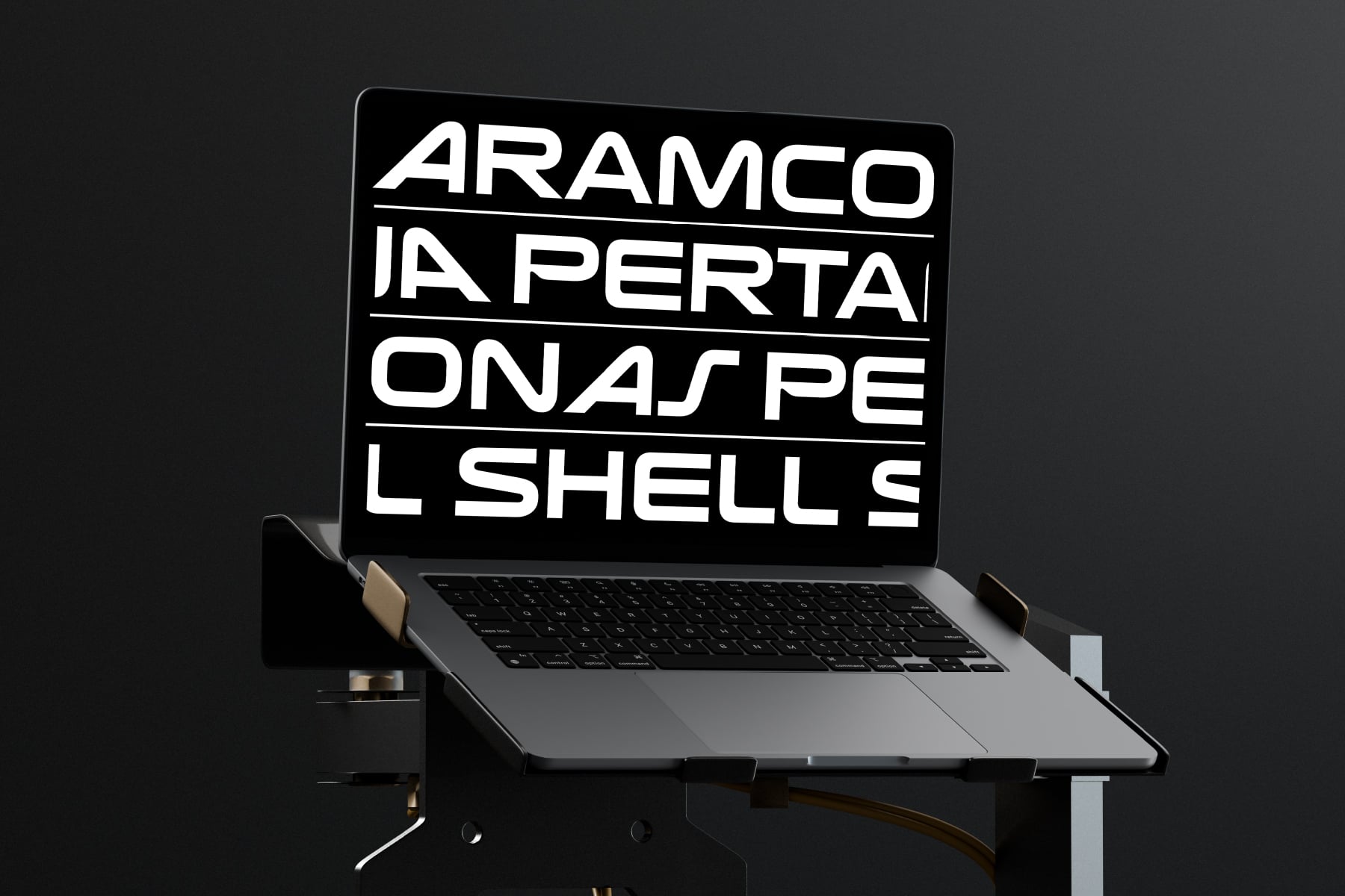 Laptop screen mockup showing Aramco Pertamina Shell text in bold sans serif