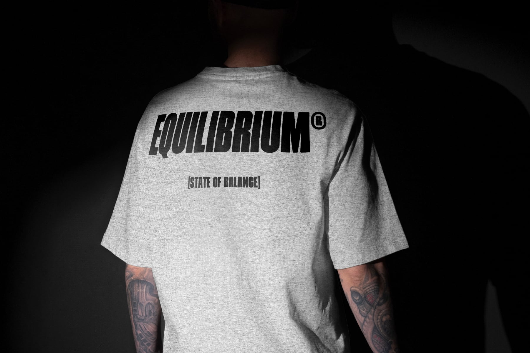 Gray tee back print with Equilibrium logo, state of balance tagline