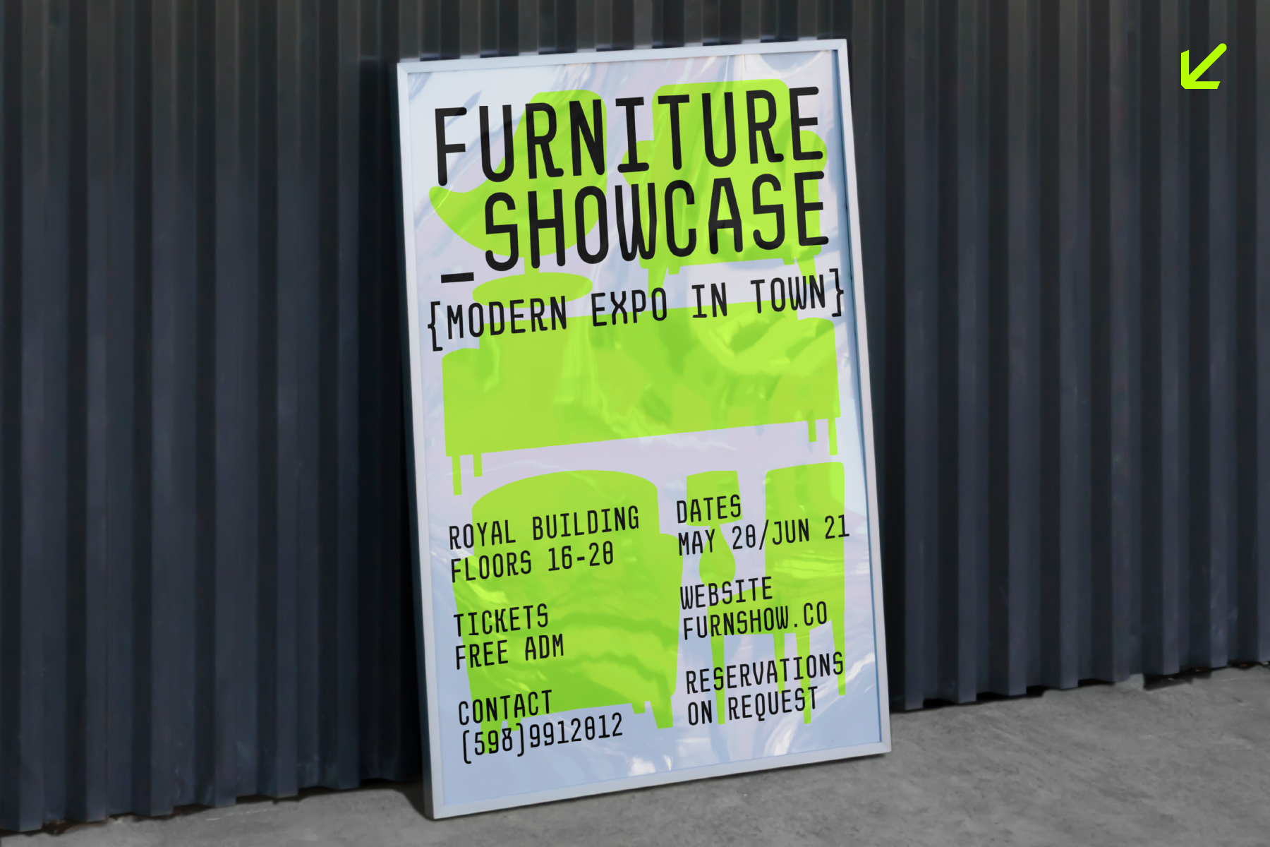 Event poster mockup with neon yellow highlight bars over black text layout on wall