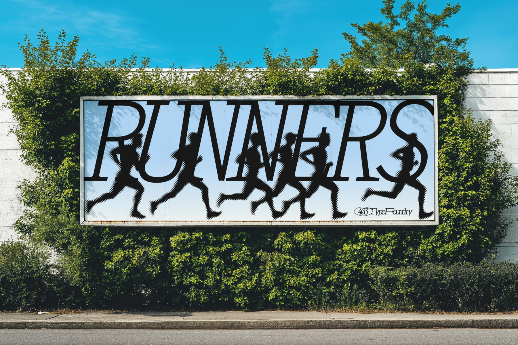 Street billboard with bold running athletes silhouettes in black letter forms