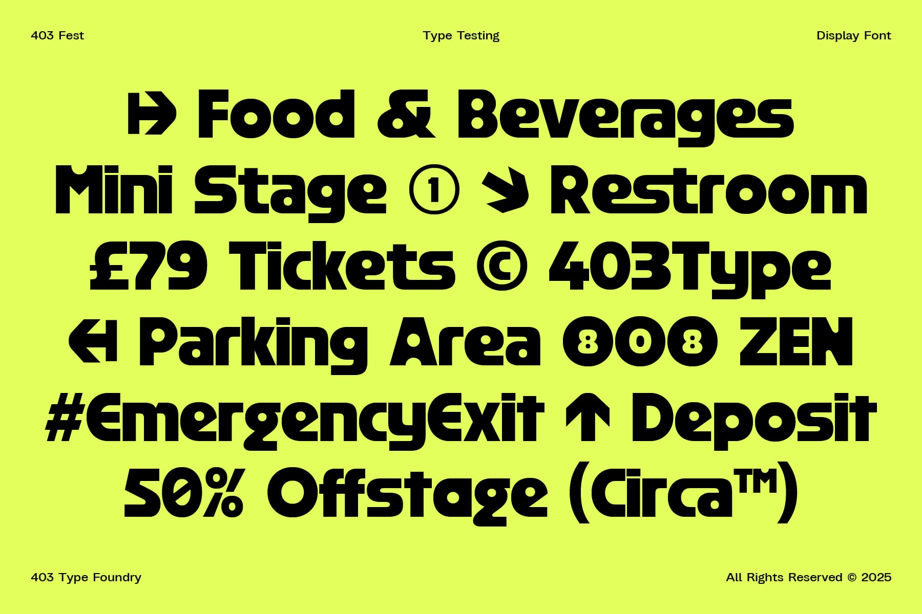 403 Fest display font specimen on neon yellow with event details