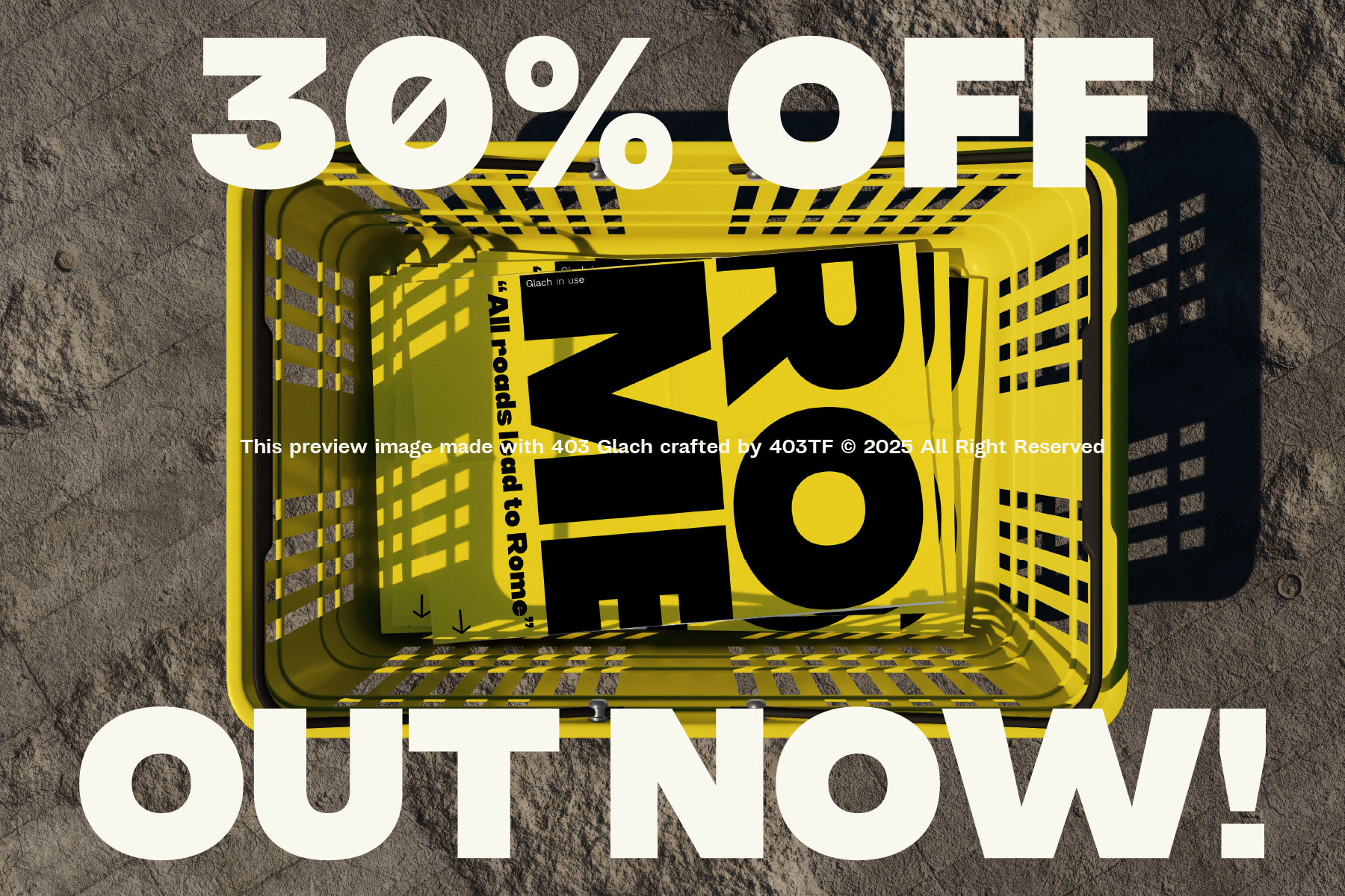 Yellow warehouse mockup with 30 percent off sale text overlay in white letters