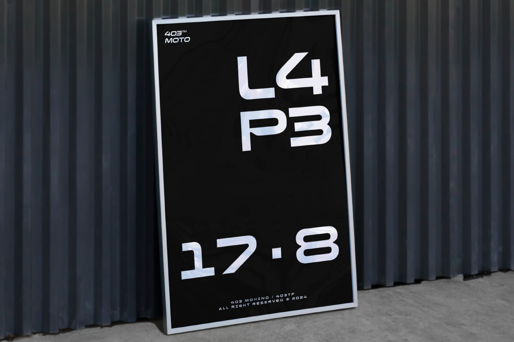 Leaning poster mockup with 403 Moto L4 P3 17.8 specs on black background