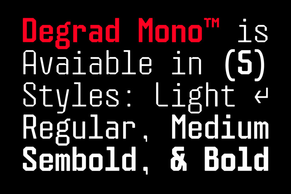 Red banner showing Degrad Mono font name with 5 weight styles listed