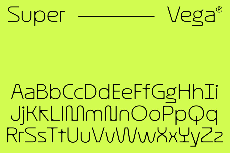 Super Vega typeface full alphabet displayed on bright lime background