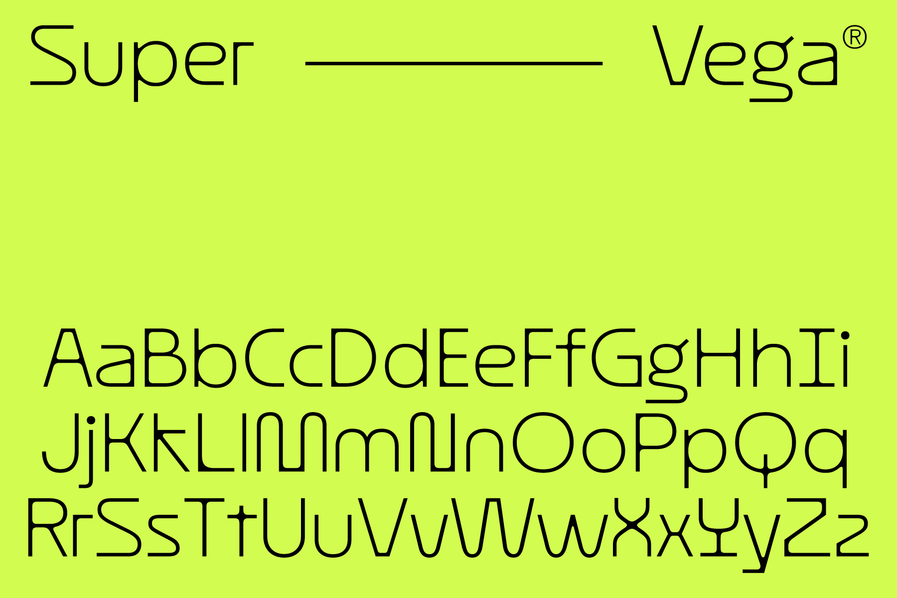 Super Vega typeface full alphabet displayed on bright lime background
