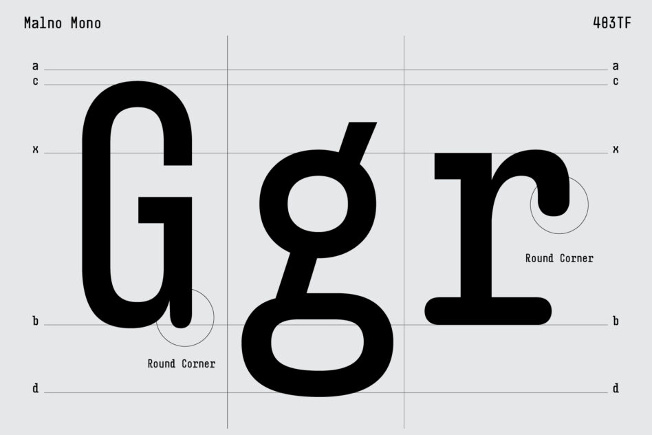 Monospace font glyphs with typography guidelines marked for measurement reference