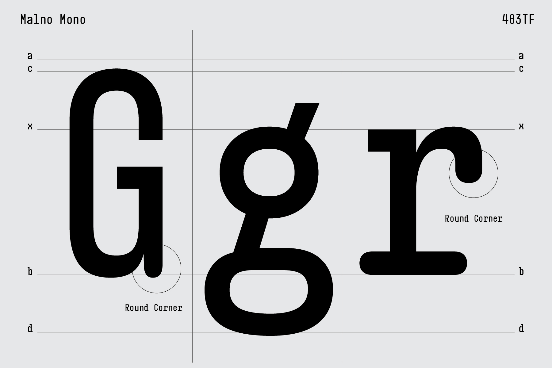 Monospace font glyphs with typography guidelines marked for measurement reference