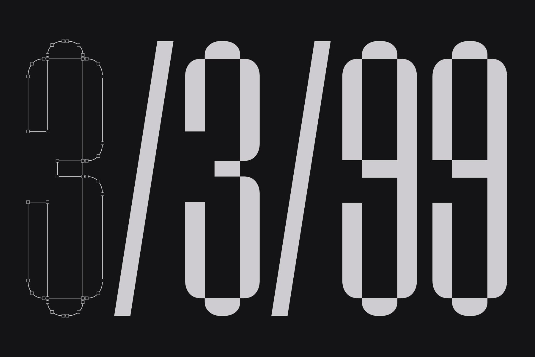 Minimalist layout showing package mockup outline with tall condensed typeface numbers