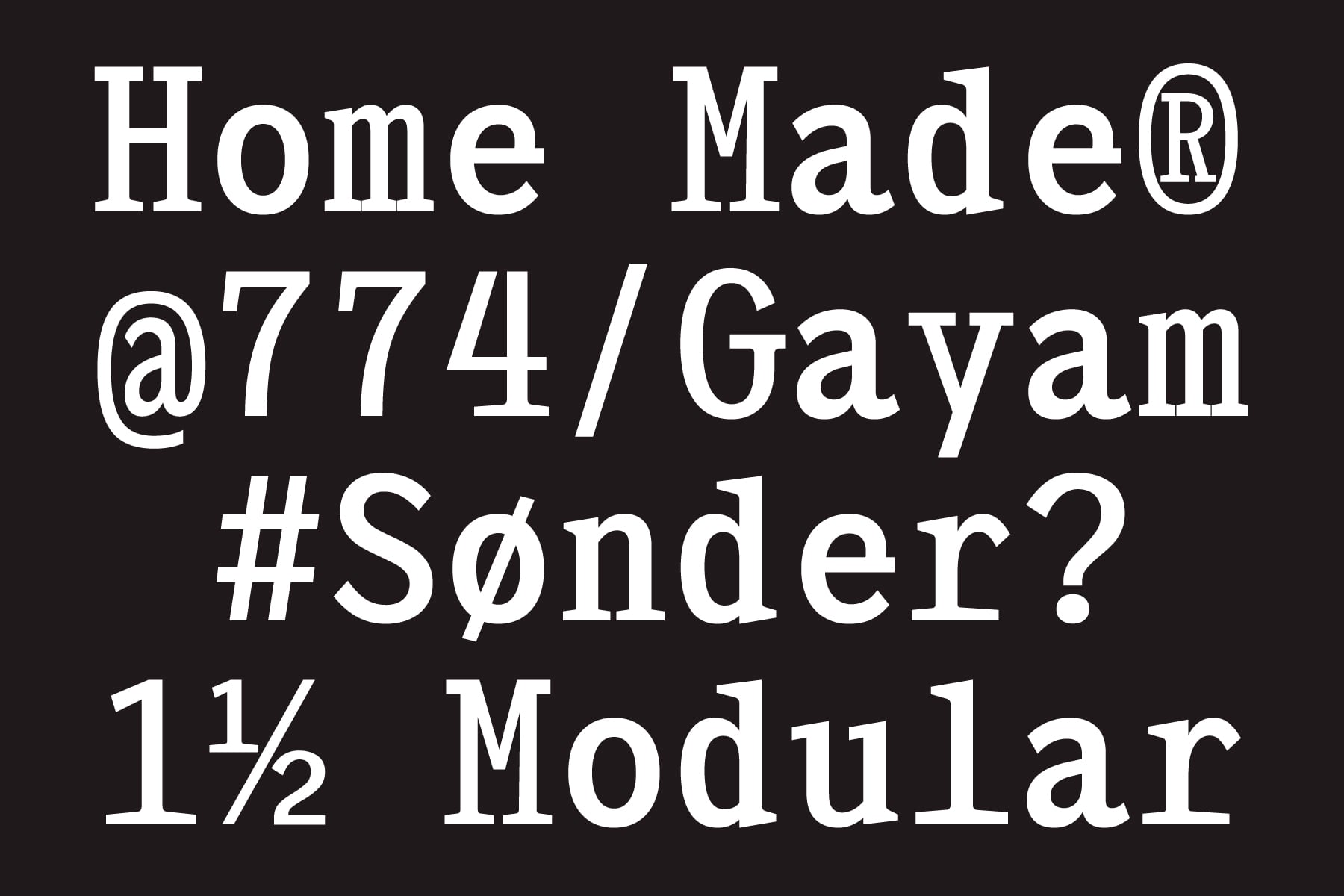 Modular sans serif typeface showing variable sizing with hashtag, symbols, fractions