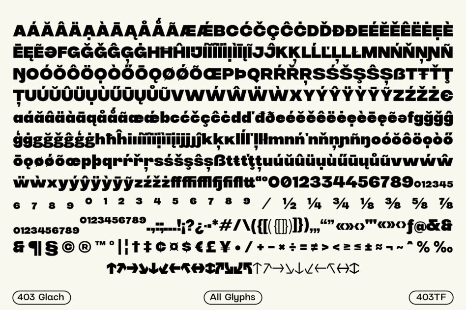 Complete character set for 403 Glach font with all glyphs, accents, numerals, punctuation