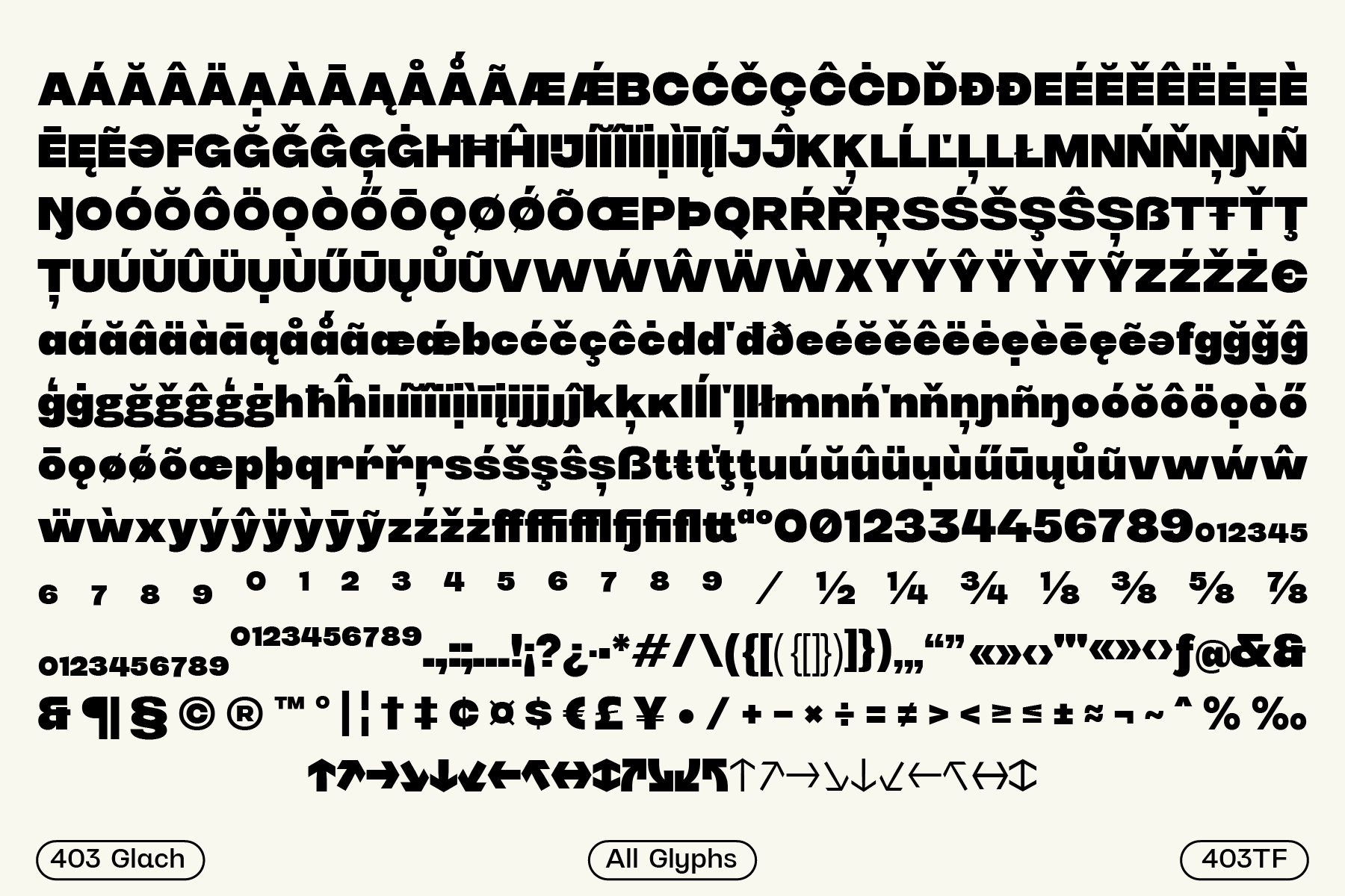 Complete character set for 403 Glach font with all glyphs, accents, numerals, punctuation