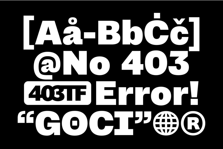 403 variable grotesk typeface display with symbols, globe icon, trademark