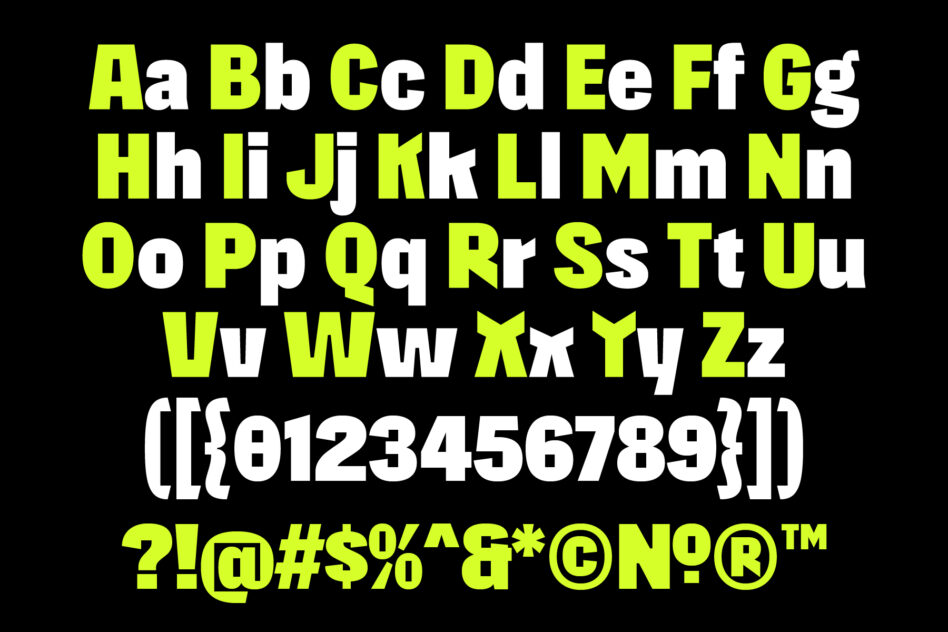 Complete alphabet numbers symbols in lime green with white letters on black background