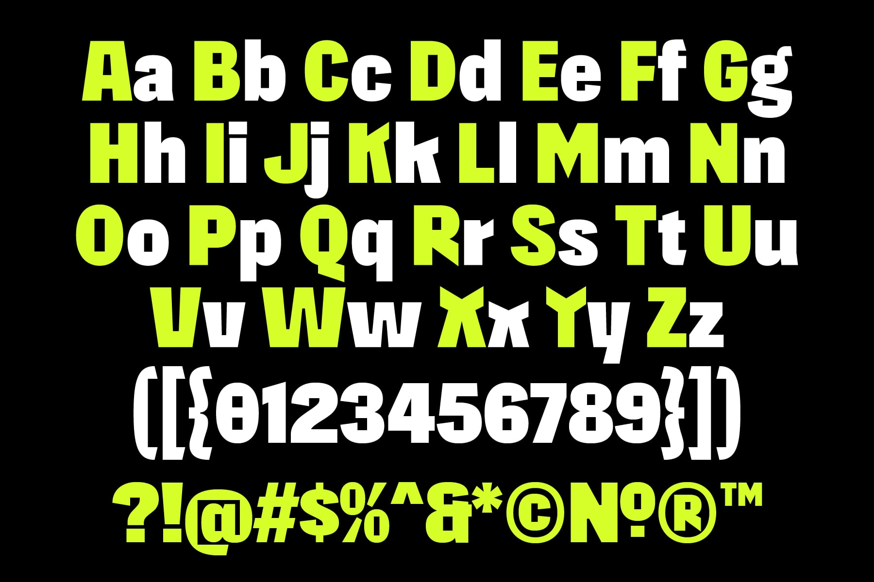 Complete alphabet numbers symbols in lime green with white letters on black background