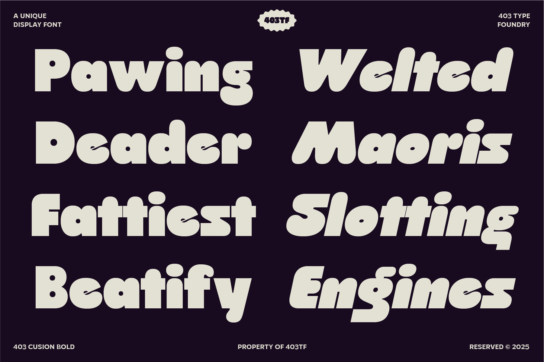 Bold cream display font with unique character shapes shown on dark purple background