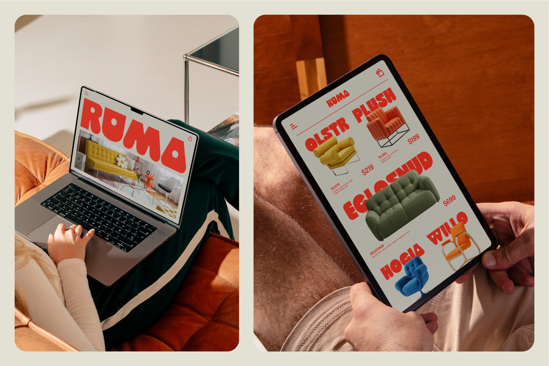 Laptop showing furniture website layout next to mobile phone in hand displaying product listings