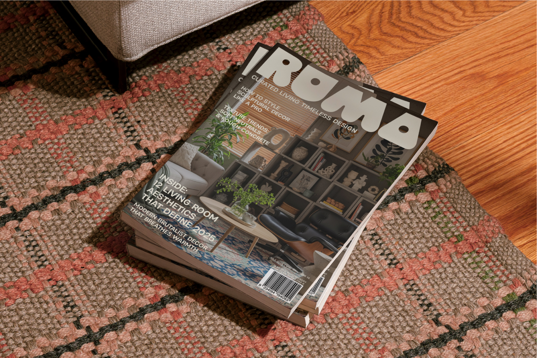 Interior design magazine cover on patterned rug with wooden floor backdrop