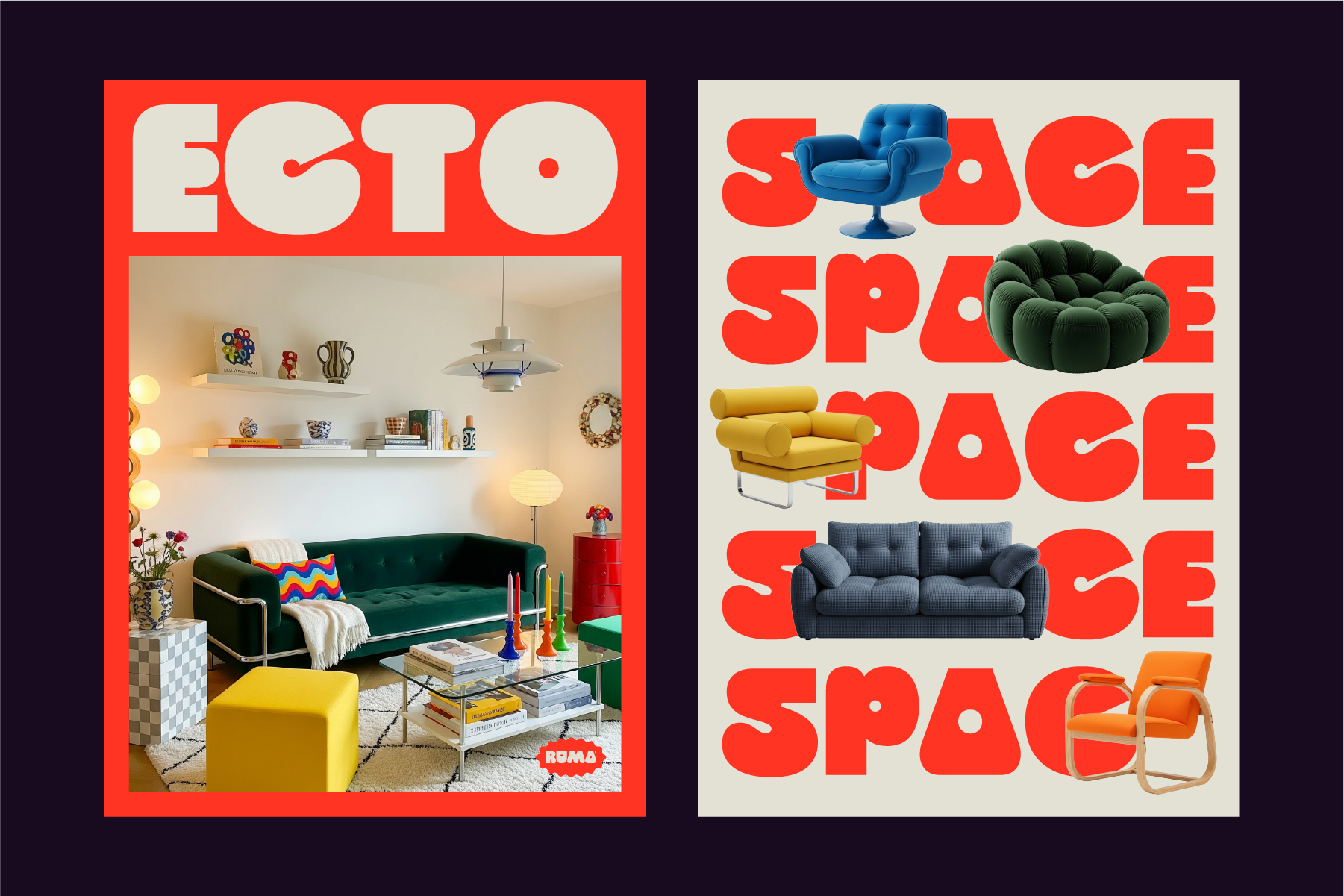 Bright red poster layouts with furniture product mockups for an online store