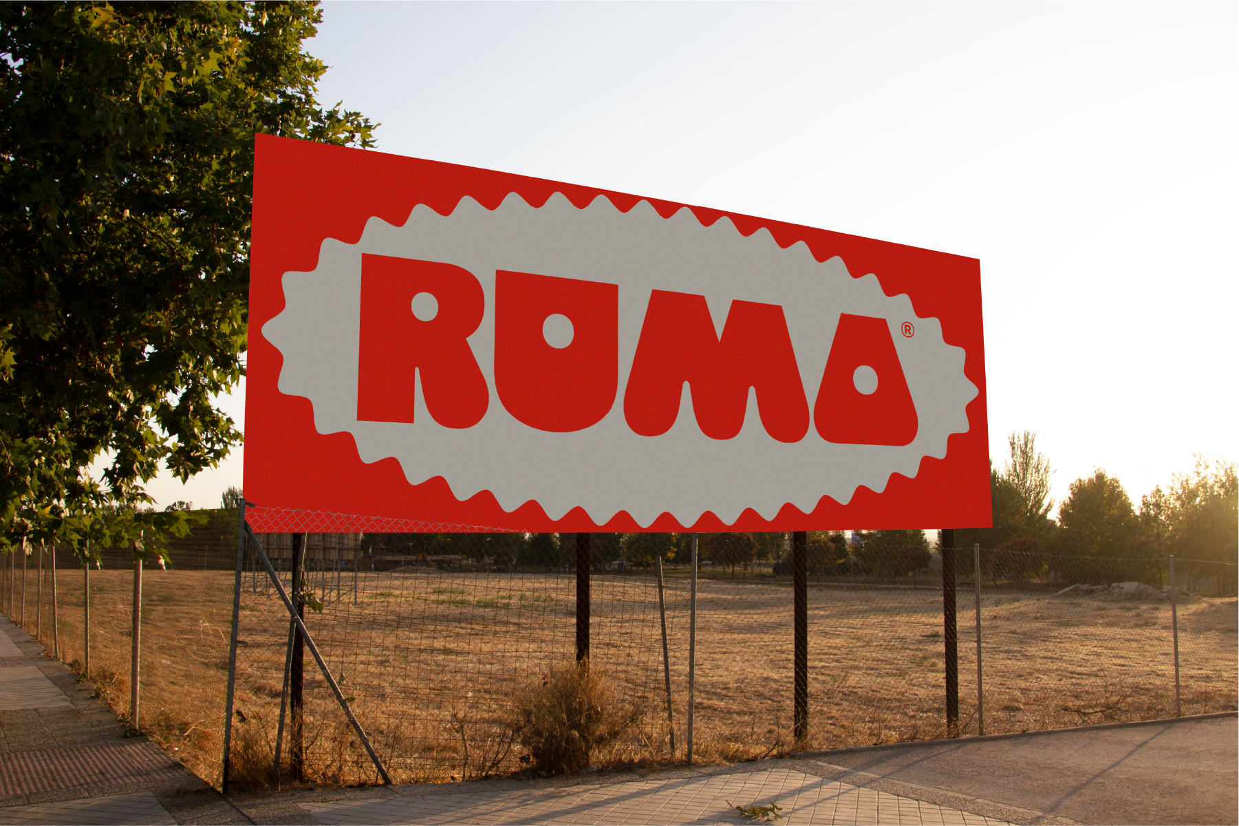 Large outdoor billboard with red ROMA logo against sky near field