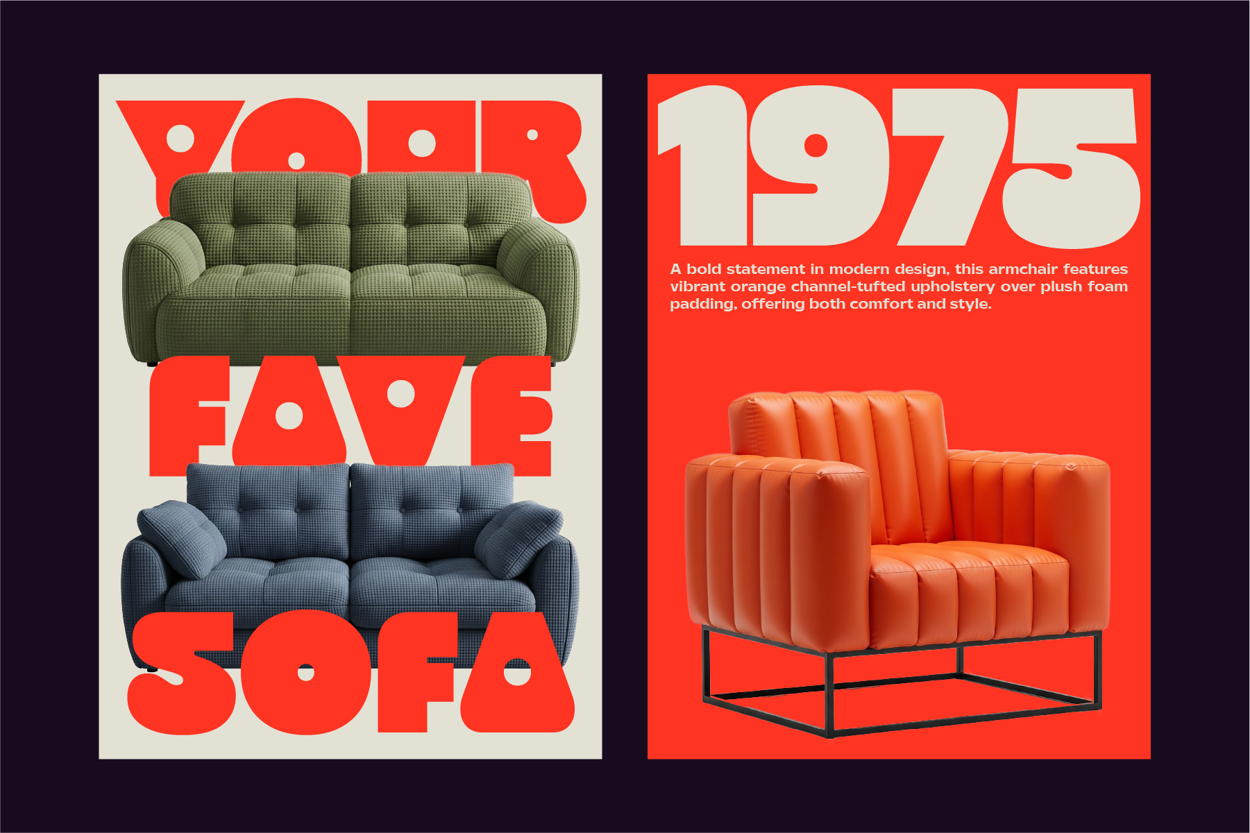 Retro design poster layout featuring two sofas with bold red typography
